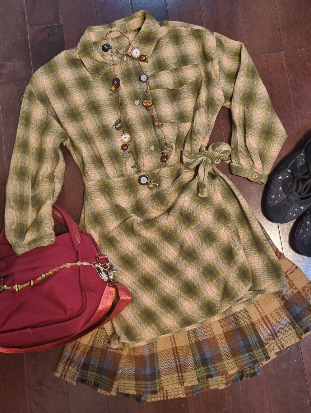 Unlabelled | Olive And Coral Plaid Faux Wrap Flannel Shirt